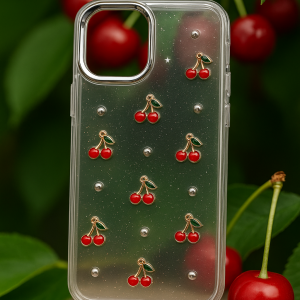 iPhone 16 Pro Kılıf Kiraz Desenli Şeffaf Simli Gümüş Kamera Çıkıntılı Parlak Kapak